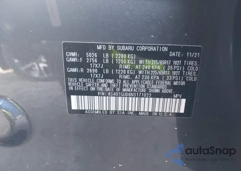 2022 Subaru Outback Wilderness from USA, damaged, VIN 4S4BTGUD8N3171022